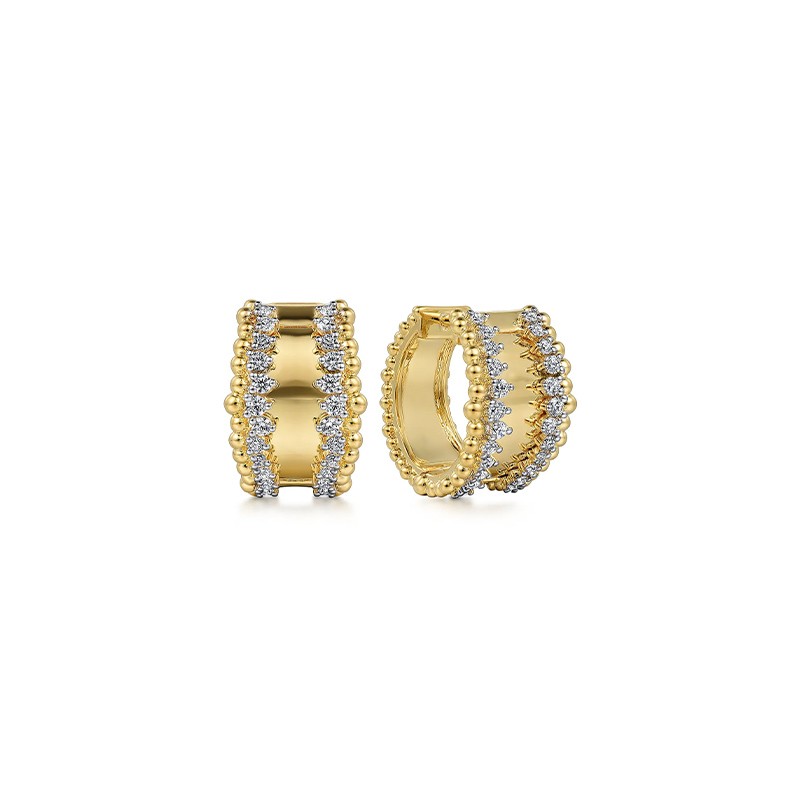 14K Yellow Gold Three Row  Diamond Huggies