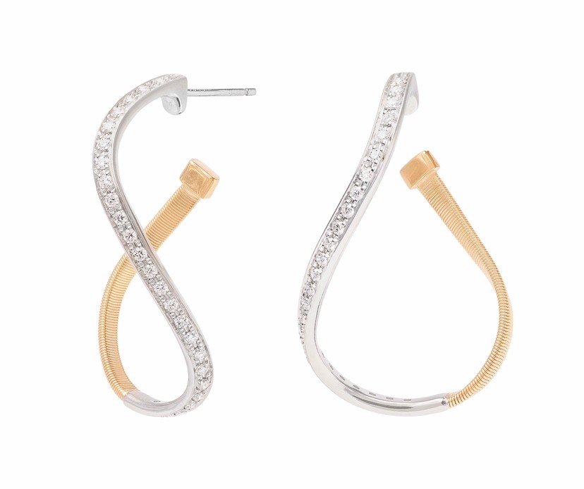 18K Yellow Gold Twisted Irregular Medium Hoops with Diamond Pavé