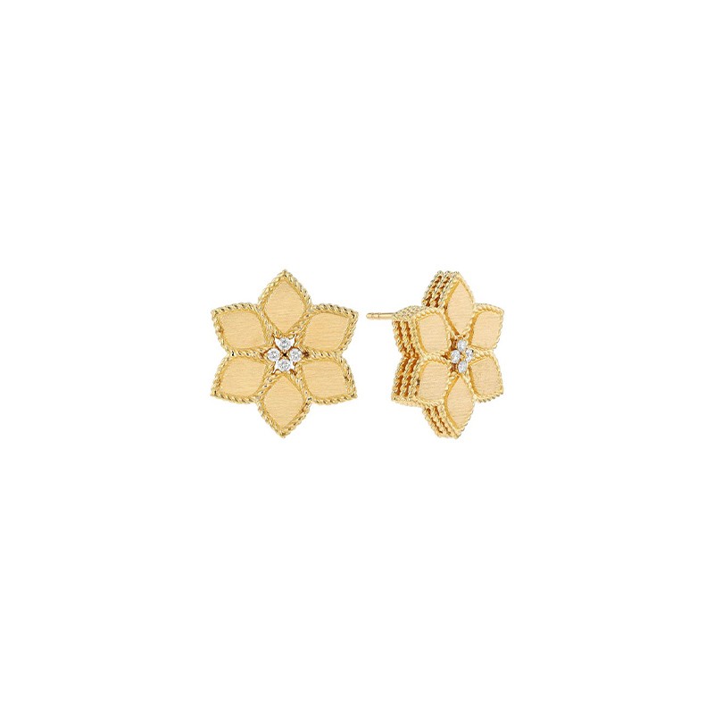 18K Yellow Gold Vernazza Diamond & Satin Finish Flower Stud Earrings