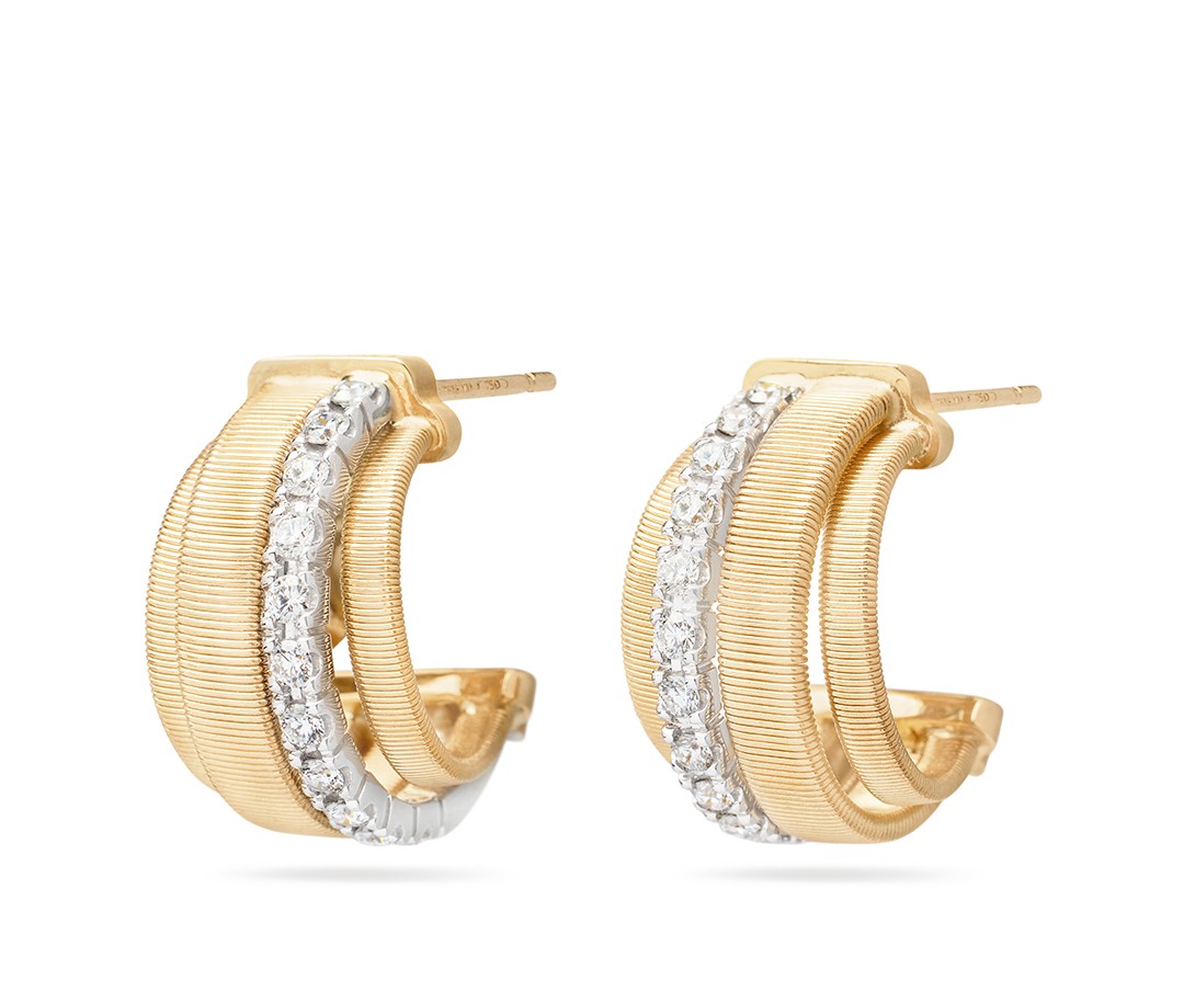 18K Yellow Gold Coil and Diamond Huggie Earrings