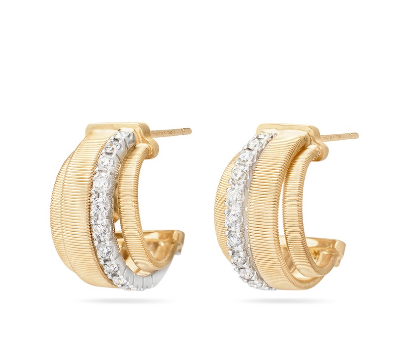 18K Yellow Gold Coil and Diamond Huggie Earrings