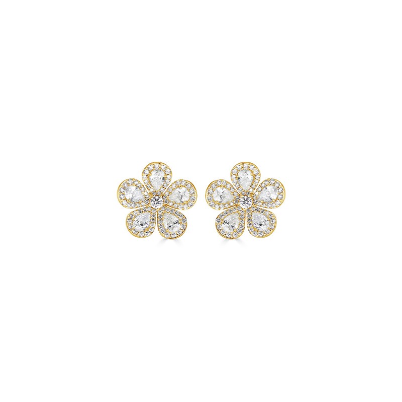 18K Yellow Gold Diamond Classic Flower Earrings