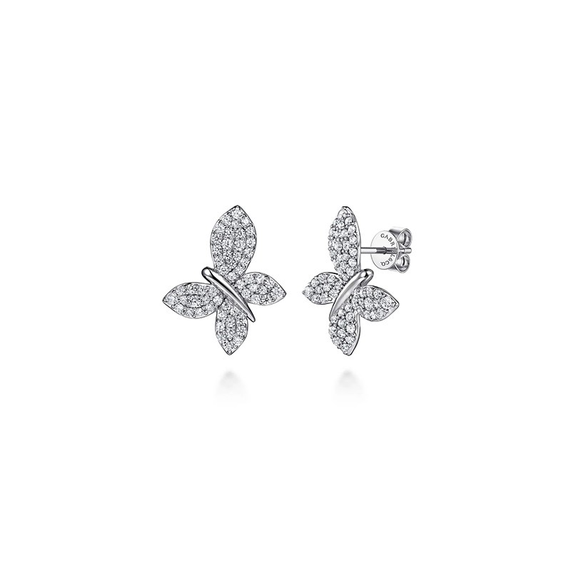 14K White Gold Diamond Butterfly Stud Earrings