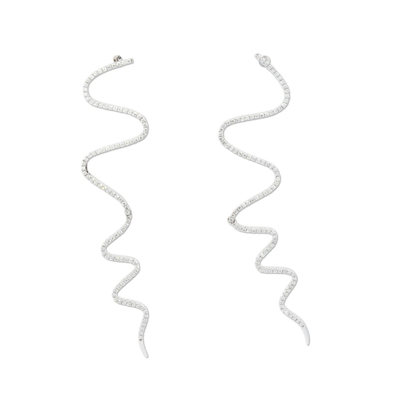 18K White Gold Long Pavé Diamond Wavy Snake Earrings