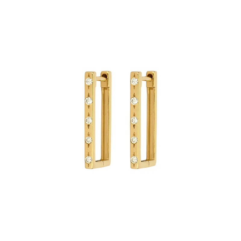 14K Yellow Gold Classic Metal Set Diamond Rectangular Hoops