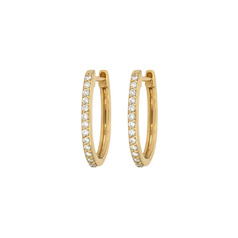 14K Yellow Gold Classic Oval Pave Hoops