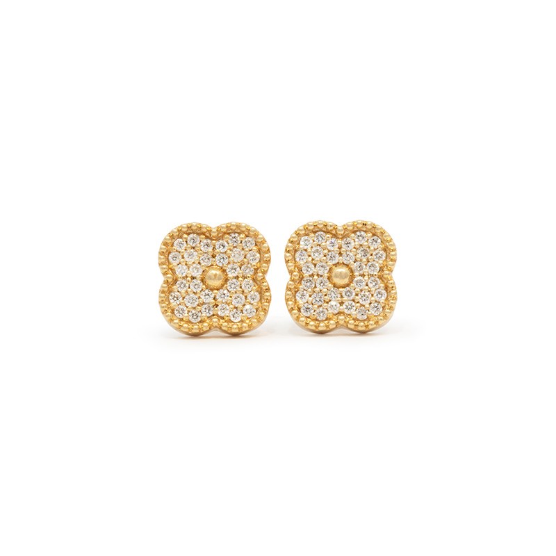 18K Yellow Gold Pavé Diamond Clover Stud Earrings