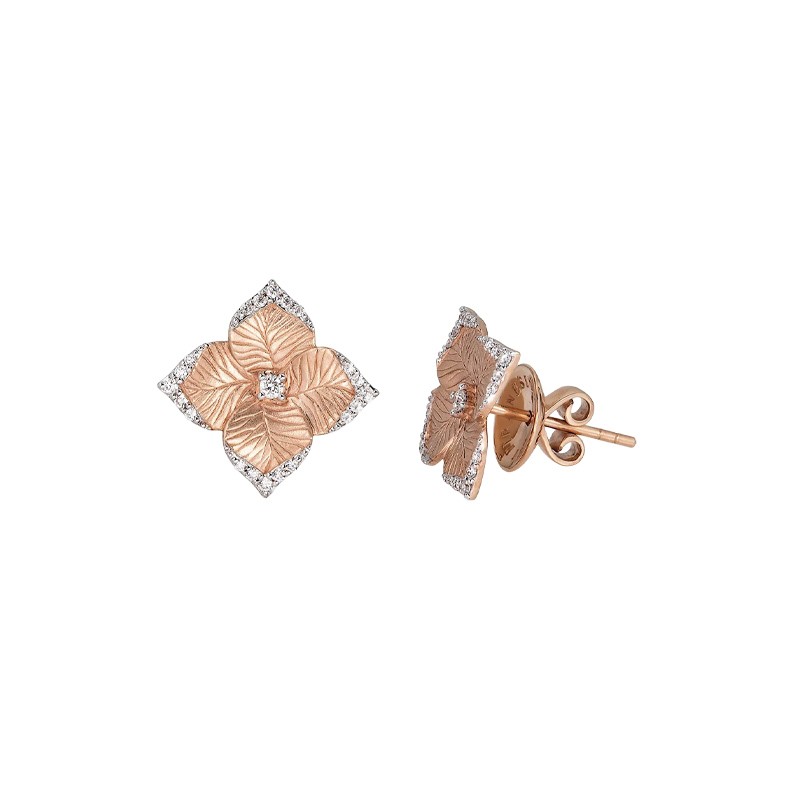 18K Rose Gold Diamond Oro Fiore Small Flower Earrings 