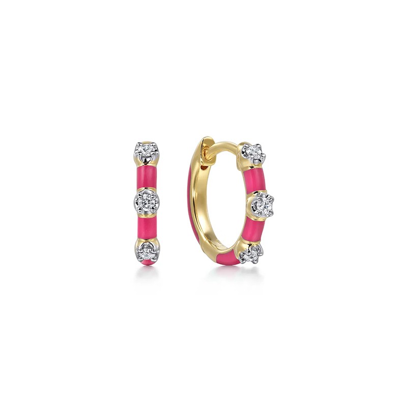 14K Yellow Gold Classic Diamond Station Huggies with Fuchsia Enamel