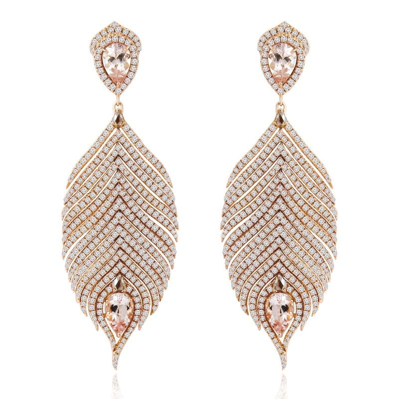 Large Morganite Feather Earrings