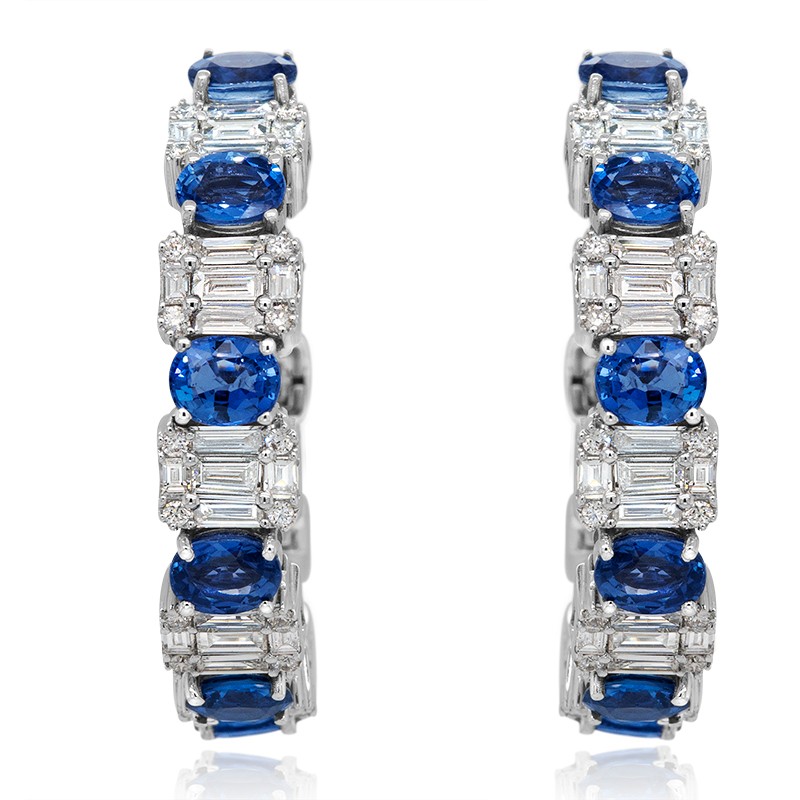 18k White Gold Sapphire Diamond Hoop Earrings