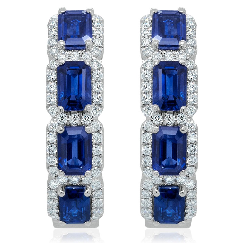 18k White Gold Sapphire and Diamond Oval Hoop Earrings