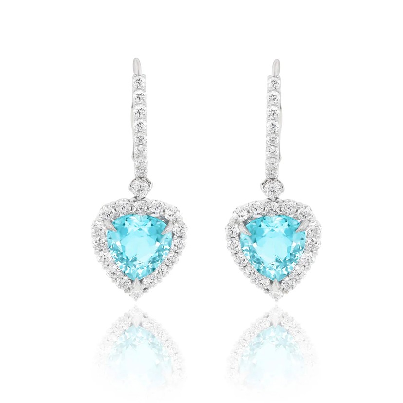18K White Gold Diamond Aquamarine Heart Halo Drop Earrings