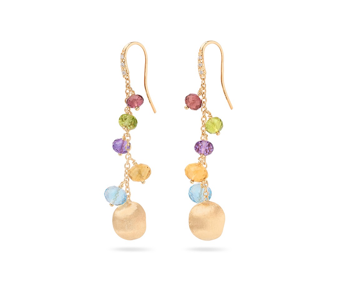18K Yellow Gold Mixed Gemstone Long Drop Earrings with Diamond Pavé Hook