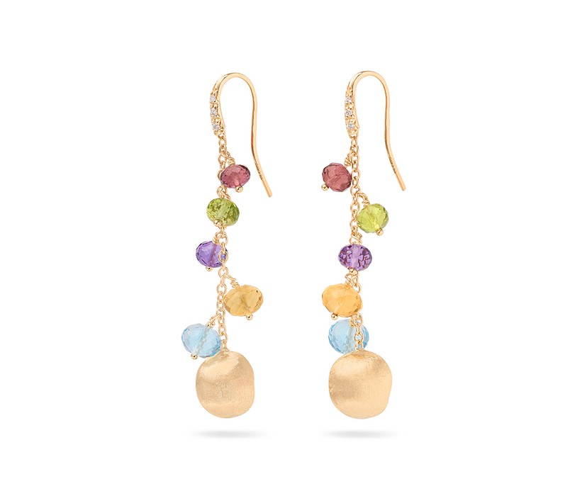 18K Yellow Gold Mixed Gemstone Long Drop Earrings with Diamond Pavé Hook