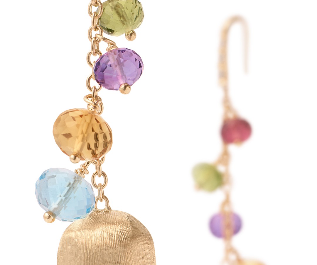 18K Yellow Gold Mixed Gemstone Long Drop Earrings with Diamond Pavé Hook