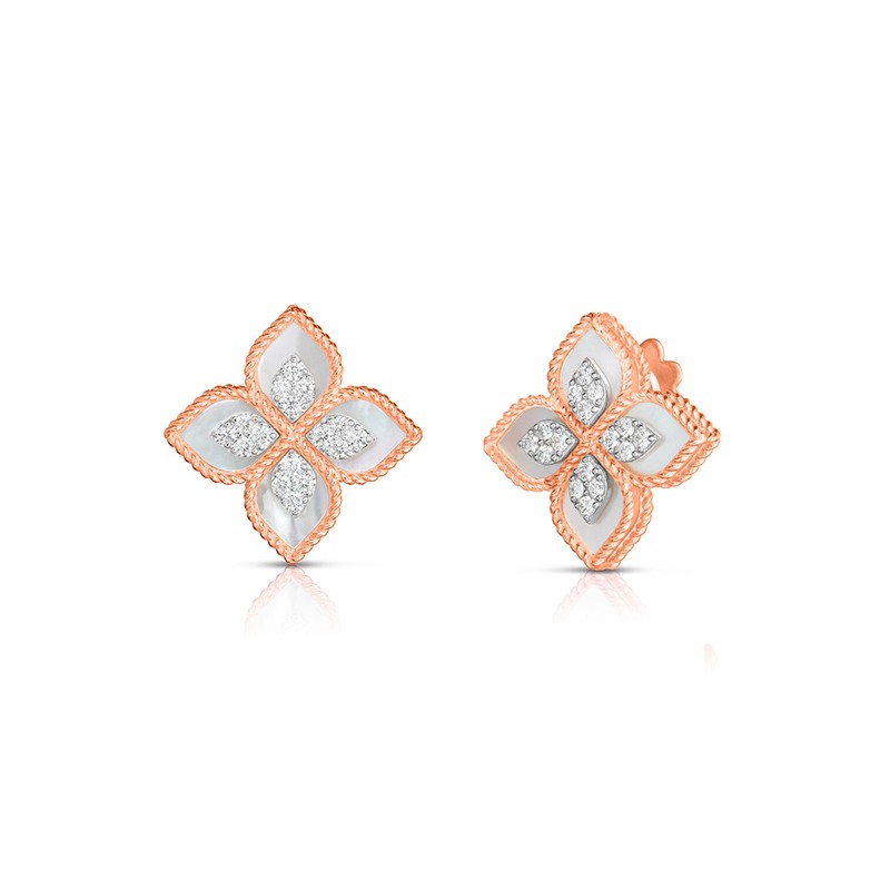 18K Rose & White Gold Princess Flower Mother of Pearl & Diamond Flower Studs