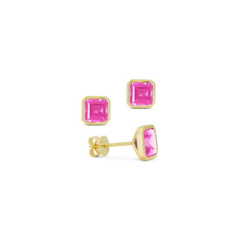 14K Yellow Gold Created Pink Sapphire Studs