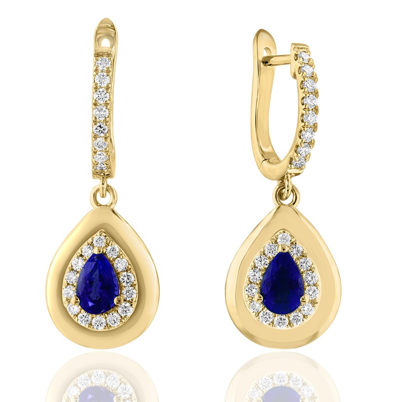 18k Yellow Gold Diamond and Sapphire Pear Shape Earrings