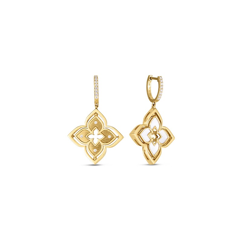 18K Yellow Gold Venetian Princess Pirouette Diamond & Mother of Pearl Flower Drop Earrings