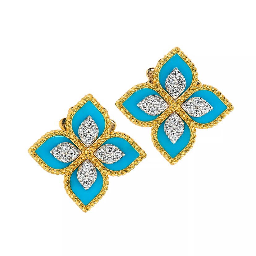 18k Two Tone Diamond and Turquoise Venetian Princess Flower Earrings