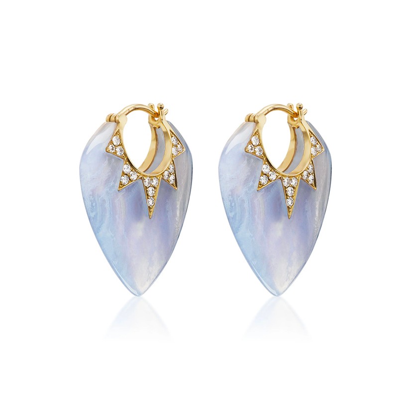 18K Yellow Gold Blue Lace Agate Classic Guitar Pick Earrings