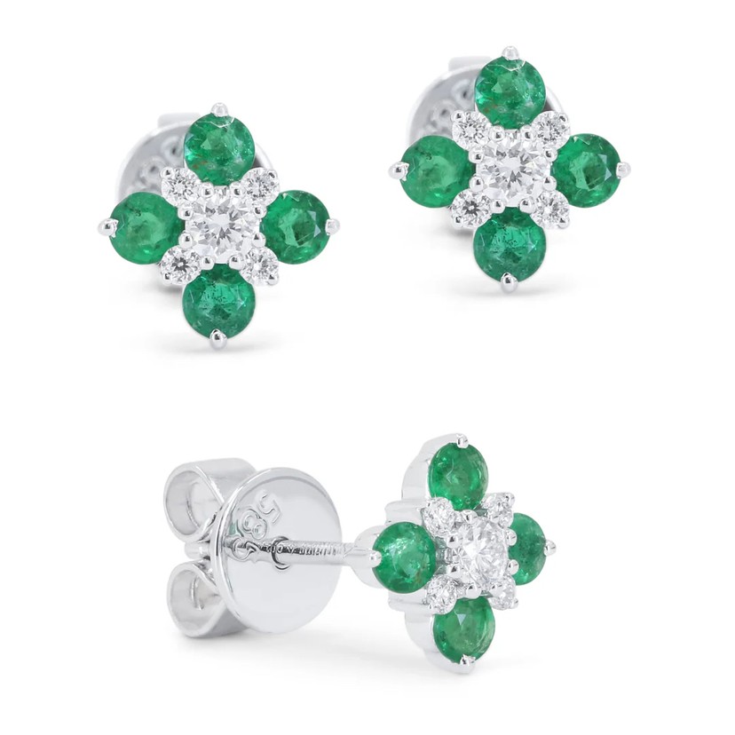 14K White Gold Diamond and Emerald Studs