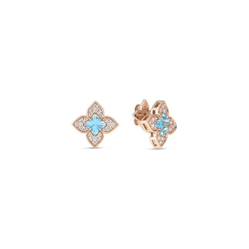 18K Rose Gold Venetian Princess Carnival Pavé Diamond & Blue Topaz Small Flower Stud Earrings