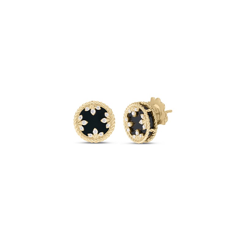 18K Yellow Gold Venetian Medallions Small Diamond & Black Jade Stud Earrings