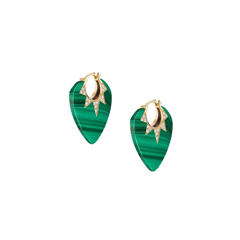 18K Yellow Gold Diamond and Carved Malachite Classic Guitar Pick Earrings