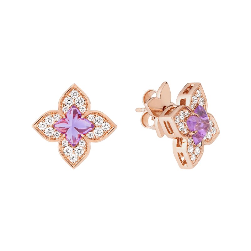 18K Rose Gold Venetian Princess Carnevale Pave Diamond & Amethyst Small Flower Stud Earrings