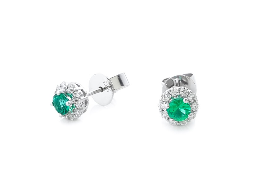 14K White Gold Emerald and Diamond Studs