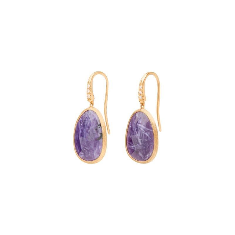 18K Yellow Gold Drop Earrings with Charoite and Diamond Accent