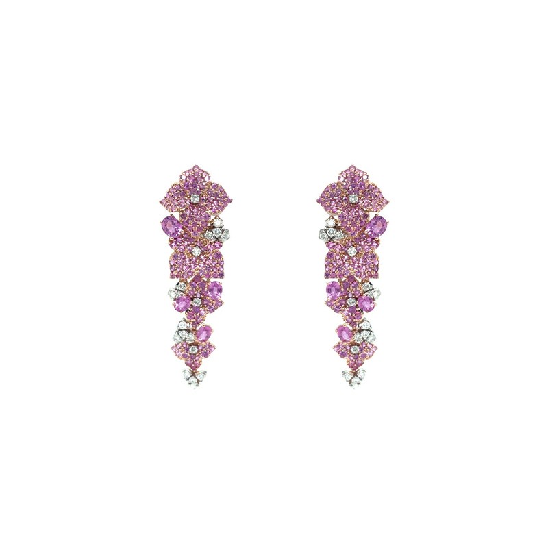 18K Rose Gold Pink Sapphire and Diamond Flower Drop Earrings