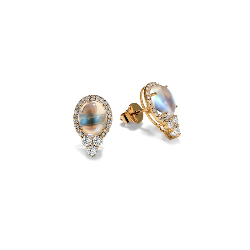 18K Yellow Gold Grapevine Moonstone and Diamond Stud Earrings
