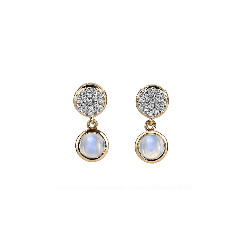 18K Yellow Gold Bezel Set Diamond and Moonstone Drop Earrings