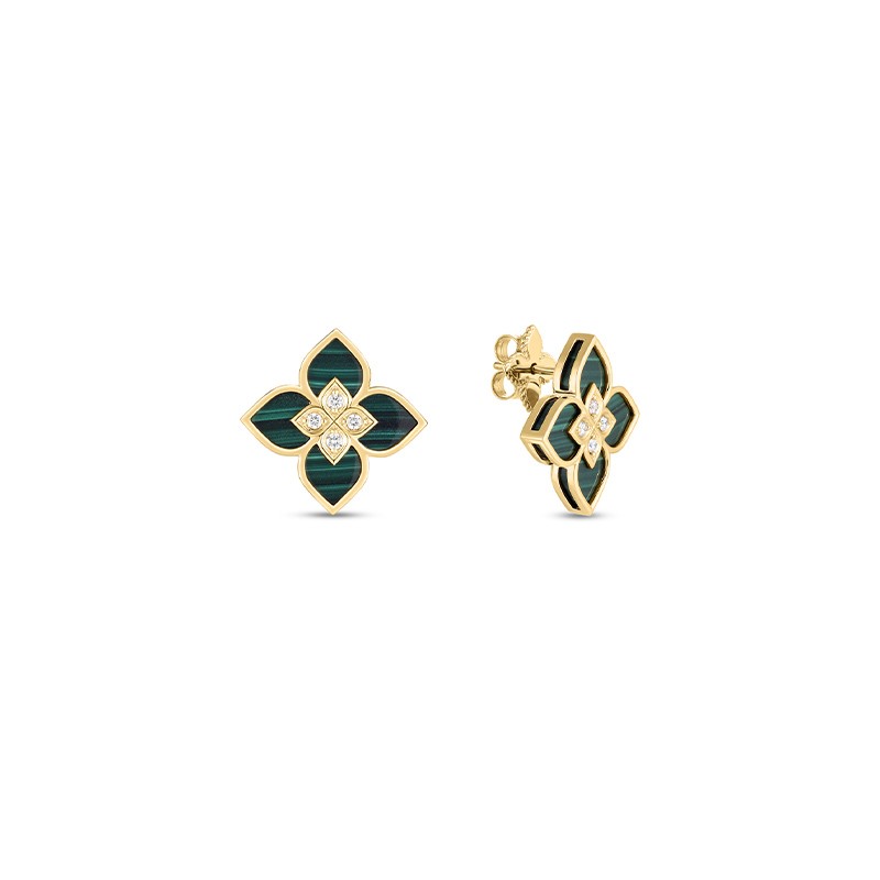 18K Yellow Gold Venetian Princess Diamond & Malachite Small Flower Stud Earrings