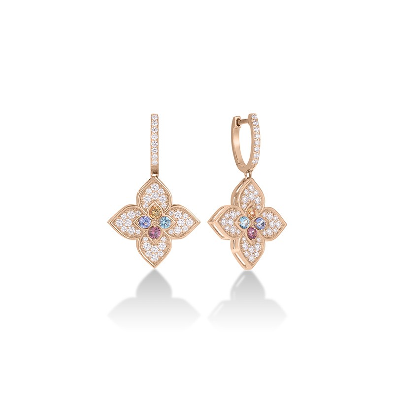 18K Rose Gold Venetian Princess Carnival Pavé Diamond & Mixed Stones Flower Drop Earrings