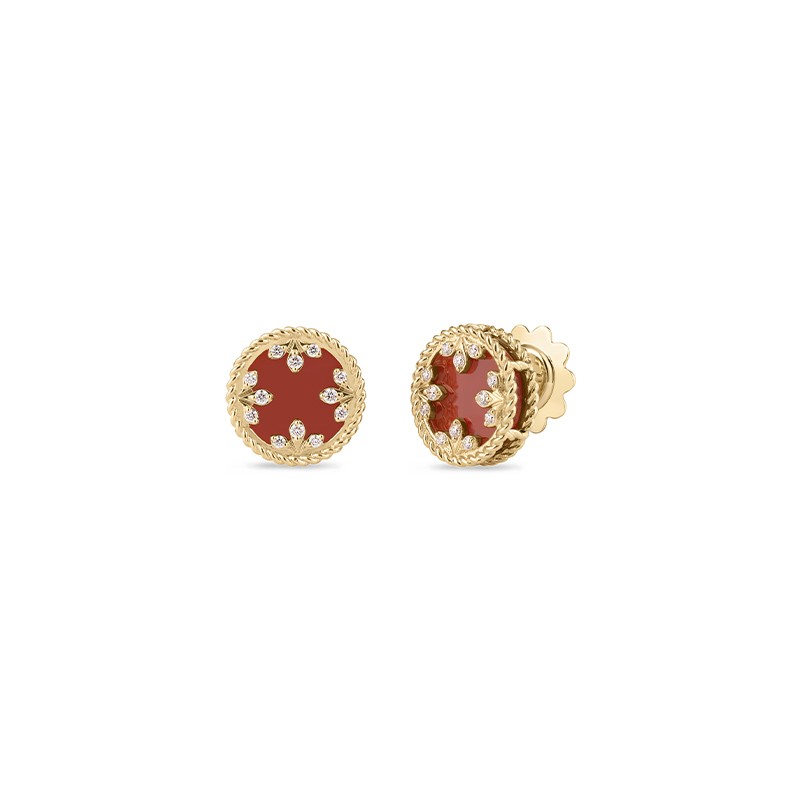 18K Yellow Gold Venetian Medallions Small Diamond & Red Agate Stud Earrings