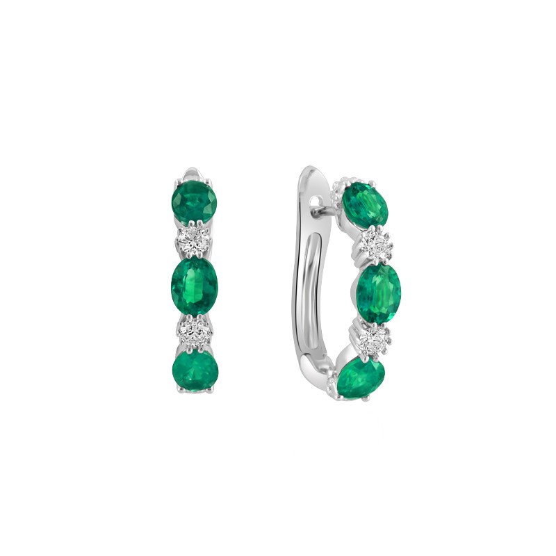 14K White Gold Alternating Diamond and Emerald Hoops