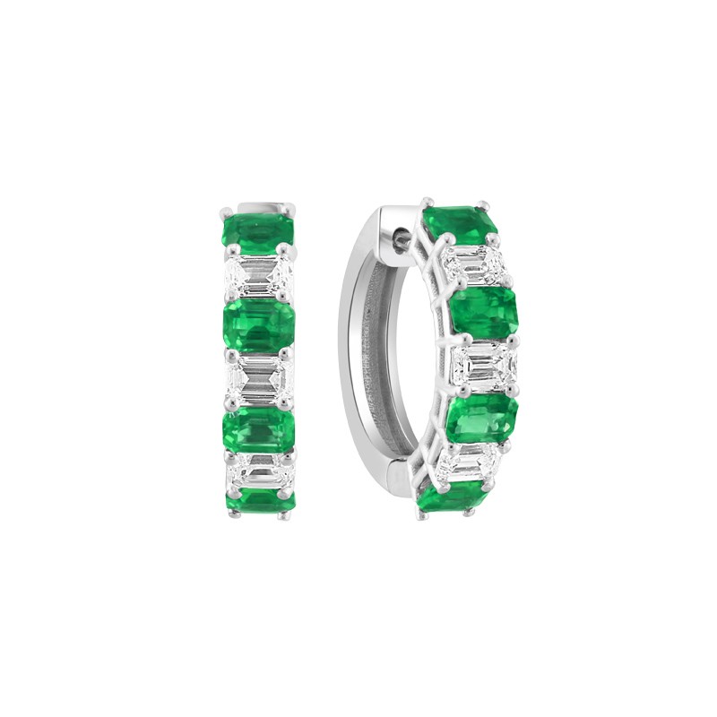 14K White Gold Alternating Diamond and Emerald Hoops