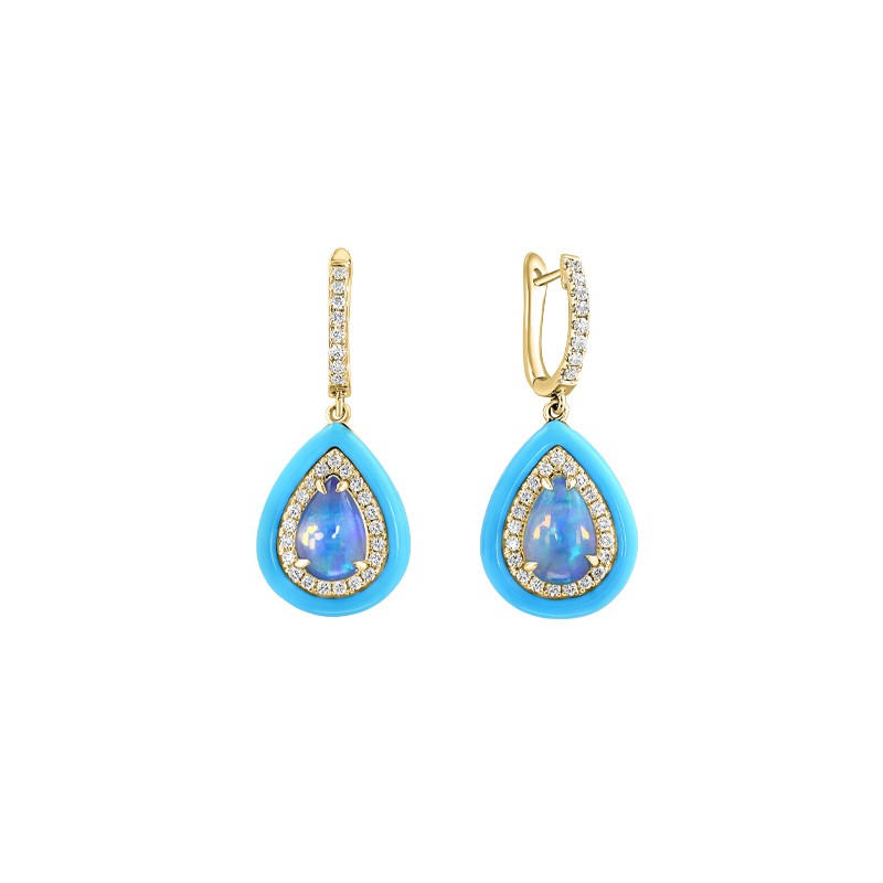 18K Yellow Gold Diamond and Opal Drop Earrings