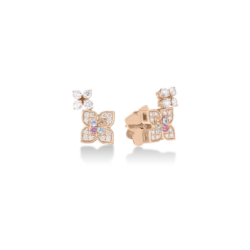 18K Rose Gold Venetian Princess Carnival Pavé Diamond & Mixed Stones Double Flower Stud Earrings