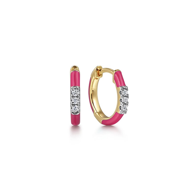 14K Yellow Gold Classic Diamond Huggies with Fuchsia Enamel