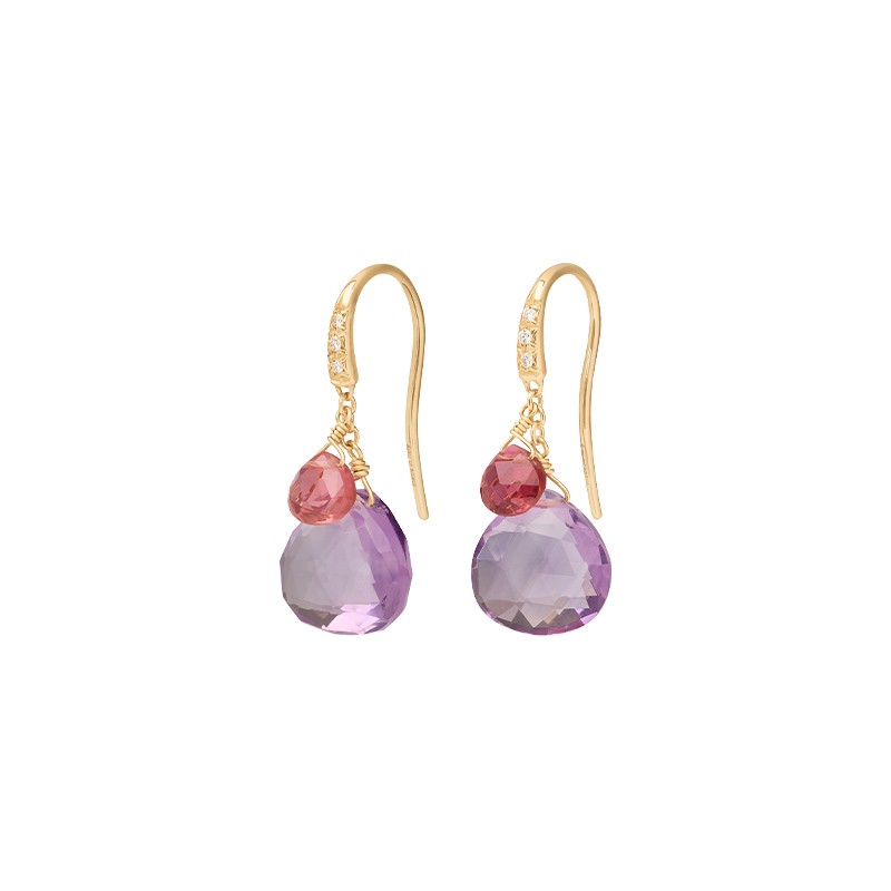 18K Yellow Gold Amethyst and Pink Tourmaline Earrings with Diamonds
