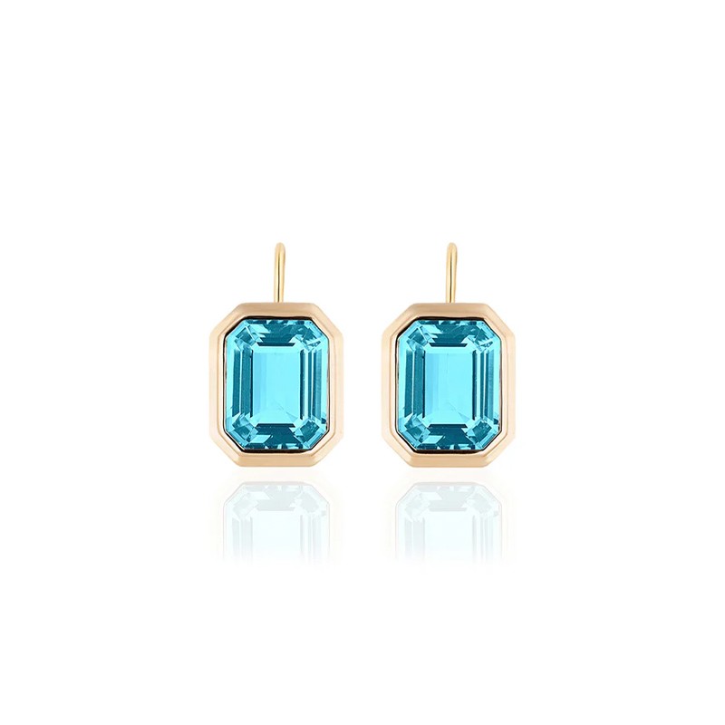 18K Yellow Gold Blue Topaz Emerald Cut Bezel Set Earring