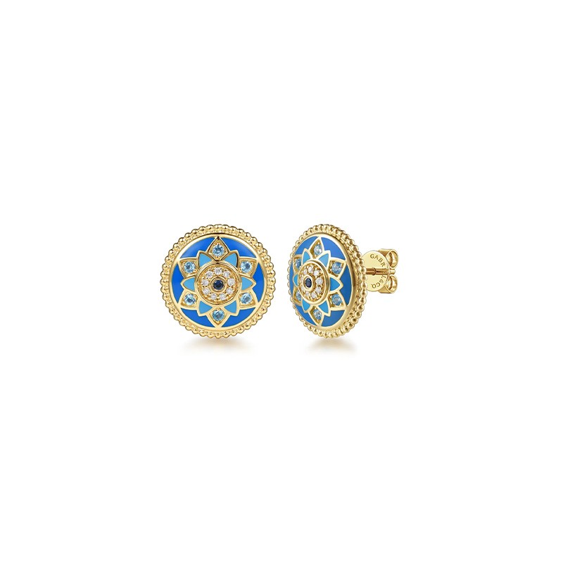 14K Yellow Gold Bujukan Diamond Blue Sapphire and Blue Topaz Stud Earrings