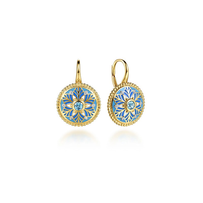 14K Two Tone Gold Bujukan Diamond and Blue Topaz Leverback Drop Earrings