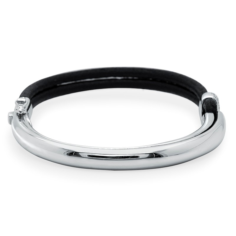 18k White Gold Black Leather Diamond Bangle Bracelet