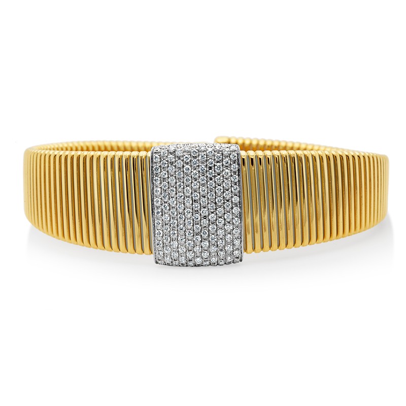 18k Yellow Gold Diamond Center Flat Corrugated Flex Cuff